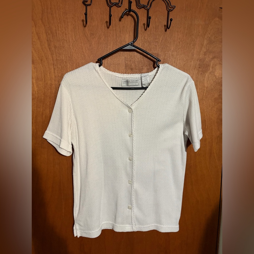 Carolyn Taylor For By Design White Button-Up Short Sleeve Sweater